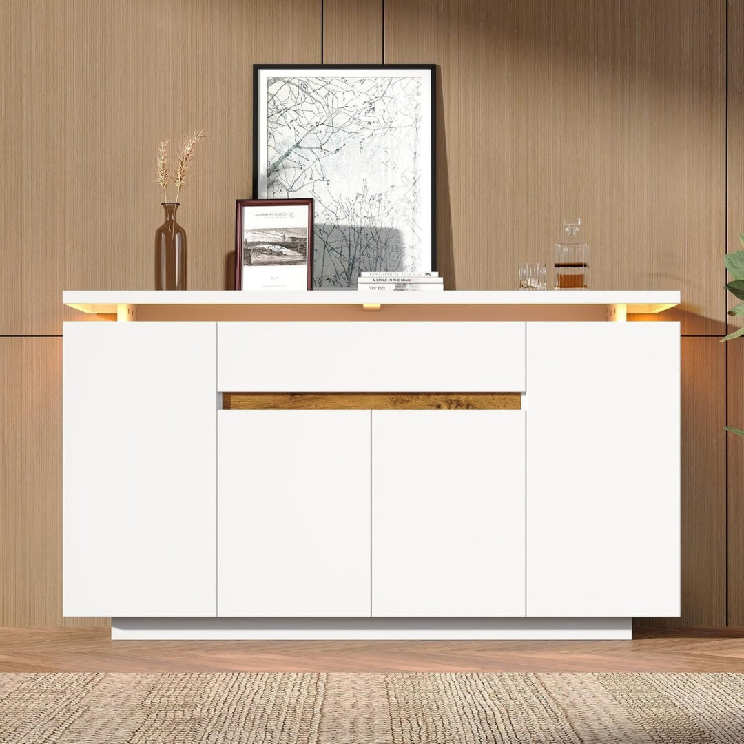 Credenza da soggiorno bianco con cassetti con illuminazione LED