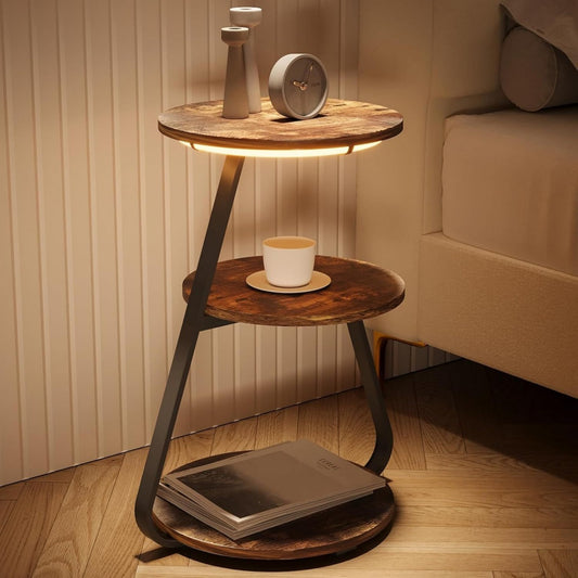 Tavolino compatto regolabile con illuminazione LED marrone